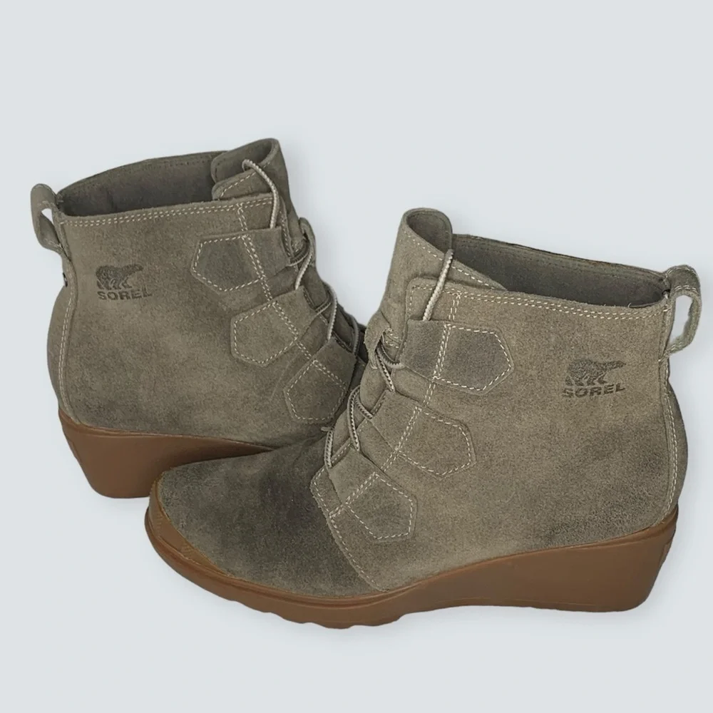 Sorel Wedges in Taupe Suede with Gum Soles